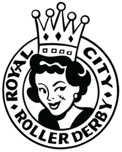 A vintage style drawing of a woman wearing a crown. A banner encircles her reading 'Royal City Roller Derby'